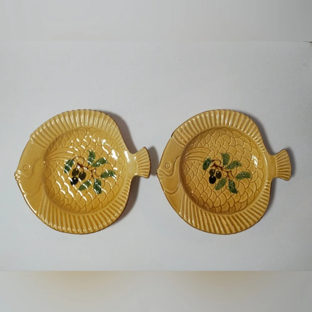 2 Vintage POTERIE du JABRON French Pottery Mustard Yellow Olive Fish Platter 10”
